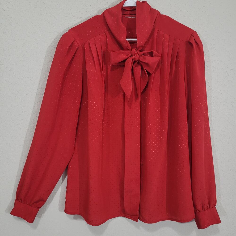 Vintage Blouse Womens L XL Red Bow neckl Puff Shoulders 80s Office Secretary UB